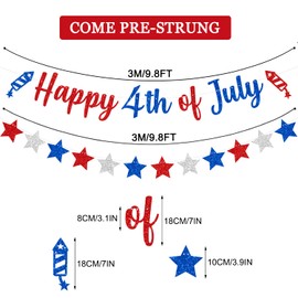 CAVLA Glittery Happy 4th of July Banner and Glitter Stars Banner Red White Blue Patriotic Fourth of July Garland Banner with Fireworks Signs Independence Day Memorial Day Party Decorations Supplies