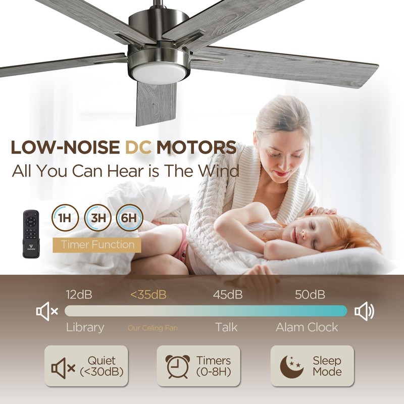 Vagizm 52 Inch Ceiling Fan Brushed Nickel Remote Controlled Dimmable