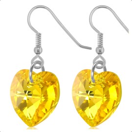Sterling Silver Heart Earrings with Birthstone - November Citrine Yellow Crystal Drop Earrings - Delicate & Fine Dangle Earrings - Jewellery Gift for Women, Girls, Teens, Wife & Girlfriend