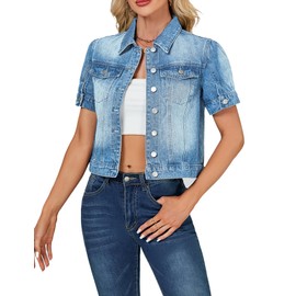 LifeShe Puff Short Sleeve Denim Jacket for Women Summer Cropped Jean Jacket Non-stretch Crop Coat