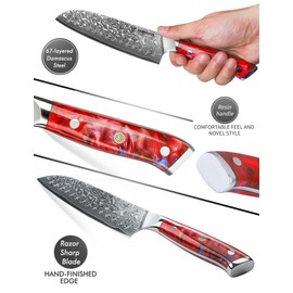 SANMUZUO Santoku Knife - 7 inch - Xuan Series - VG10 Damascus Steel Kitchen Knife - Resin Handle (Sunset Red)