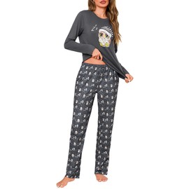 Demegimi Women's Long Cotton Pyjamas Women's Long Sleeve with Owl Motif Comfortable Women's Pyjamas Winter Two Piece for Home, gray, XL