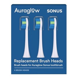 Auraglow Sonus Electric Toothbrush Replacement Brush Heads with Cover Cap, 3 Count, White