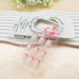Pink French Tip Press on Nails Short Square Fake Nails Press ons Glossy White Glue on Nails Reusable Acrylic Artificial Nails with White Full Cover Stick on Nails for Women Girls 24 Pcs