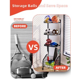 Garage Sports Equipment Organizer Storage, Ball Storage Rack, Home Gym Equipment Storage Rack, Rolling Outdoor Toy Storage with Wheels, Ball Holder for Football Soccer Basketball Volleyball Baseball