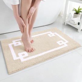 HOMEIDEAS Bathroom Rug, Soft and Water Absorbent Bath Mat, Non-Slip Fluffy Plush Microfiber Carpet for Tub and Shower (Beige and White, 20x32)