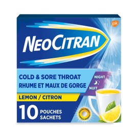NeoCitran Cold & Sore Throat for Nighttime Relief, Lemon, 10 Count