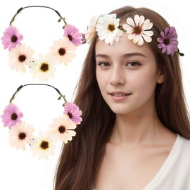 Basic Sense Daisy Flower Crown Headband for Women & Girls | Bohemian Floral Garland Hair Accessory - 2pcs