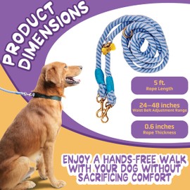 Daizzy Gear Hands Free Rope Leash – Durable, Adjustable, and Comfortable for Everyday Walks, Runs, and Hikes with Your Dog (Blue) - 5 ft Long, Up to 44 Lbs Dogs