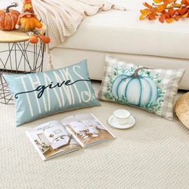 Fall Decorative Throw Pillow Covers 12x20 Inch Set of 4, Hello Pumpkin Give Thanks Buffalo Plaid Outdoor Farmhouse Pillow Cases for Home Sofa Couch-Light Blue