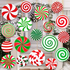 18Pcs 12/10/8inch Large Christmas Candy Yard Hanging Ornaments Double Sided Hanging Peppermint Lollipop Yard Decorations Christmas Candy Lawn Ornament for Outdoor Indoor Xmas Holiday Party Decorations