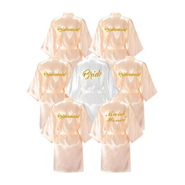 EPLAZA 7 Pcs Bride Bridesmaid Robes for Wedding Bridal Party Women Short Silky Satin Robe Kimono with Gold Glitters (white+champagne)