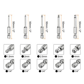 sourcing map 9pcs Ball End Hex Screwdriver Bit Set 1.5mm-10mm (H1.5-H10) Size 1/4" Hex Shank 50mm (2") Long Magnetic Ball Head Bits S2 Steel Metric Screw Driver Bit