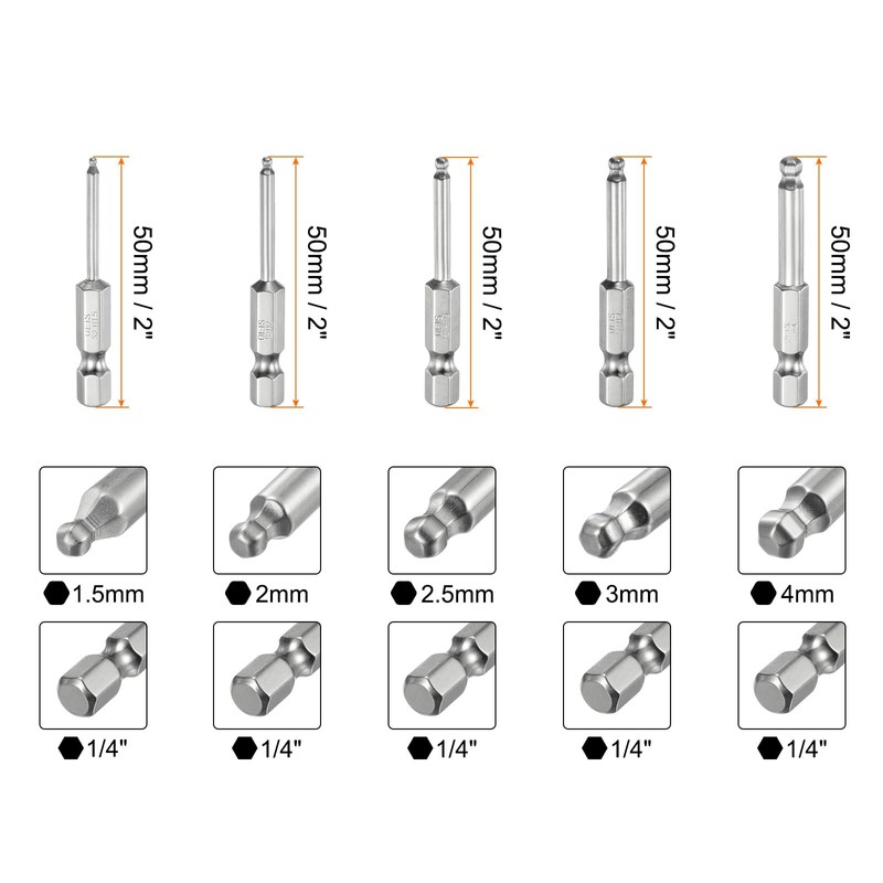 sourcing map 9pcs Ball End Hex Screwdriver Bit Set 1.5mm-10mm