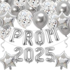 Gidobo Prom 2025 Balloons, Silver Foil Banner with 16pcs Latex Balloons for 2025 Graduations College High School Grad Party Supplies