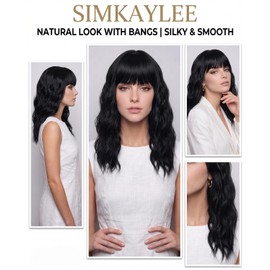 Medium Length Black Wig for Women with Bangs Wavy Hair Wig Daily Use
