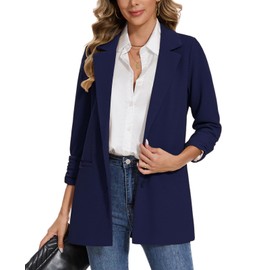 MINTLIMIT Women's Casual 3/4 Ruched Sleeve Lapel Button Slim Work Office Long Blazer Jacket with Pockets (Navy, Size L)