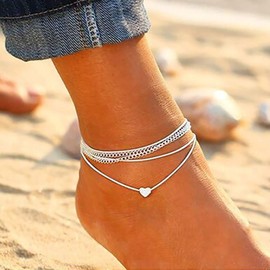 Prosy Beach Layered Heart Anklet Silver Ankle Bracelets Chain Foot Jewellery Adjustable for Women Girls