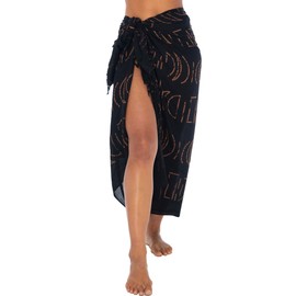 Back From Bali Womens Print Black Sarong Coverup Swimsuit Pareo with Boho Fringe & Coconut Clip - Wrap Skirt or Beach Shawl