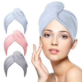 Derlinvine 3 Pack Hair Towel Wrap for Women, Ultra Fine Coral Fleece Dry Hair Care Cap, Water Absorbing Quick Hair Towel for Beauty, Travel (Pink + Blue + Grey)