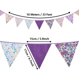 33Ft Floral Triangle Flags, Vintage Bright Triangle Pennants, Purple Bunting Garland Fabric Banner for Birthday Wedding Garden Party Afternoon Tea Decor Outdoor & Home Decoration