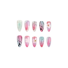SINHOT Almond Press on Nails Medium - 3D Blue Butterfly Fake Nails Glossy Glue on Nails Colorful Ombre Nails Handmade Stiletto Artificial Nails Stick on False Nails with Design DIY 24 pcs