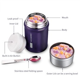 Insulated Food Jar Lunch Container for Hot Food 26 oz Wide Mouth Stainless Steel Leak Proof Thermal Flask with Folding Spoon
