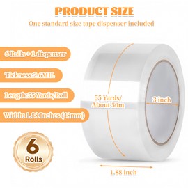 Heavy Duty Packing Tape,6 Rolls Clear Packaging Tape with 1 refillable Dispenser, 1.88 Inches x 55 Yards, Designed for Shipping Tape for Moving, Shipping and Packing
