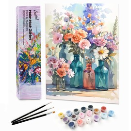 Bougimal Paint by Numbers Adult Landscape without Frame Including Brush and Acrylic Paints - 28 x 35 cm, Colourful Flowers 9