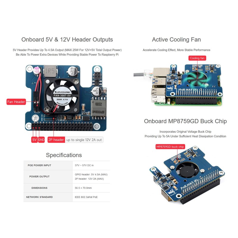 waveshare POE Power Over Ethernet HAT for Raspberry Pi 5,