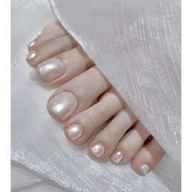 Morily Shiny White Press on Toenails for Women, 24 Pcs Short Square Fake Toe Nail Press ons, Reusable Full Cover Artificial Glossy False Stick on Pedicure in 12 Sizes