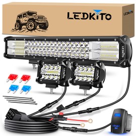 LEDKITO 20 inch LED Light Bar and 2PCS 4 Inch LED Pods with Switch 3 Leads Wiring Harness Kit Triple Row Spot Flood Combo Light Bar Pods Kit for Off Road UTV ATV Pickup Trucks Boat