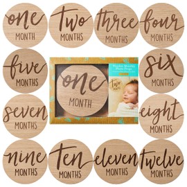 Kate & Milo Baby Monthly Milestone Marker Discs - Classic Cursive Script Wooden Discs with Reversible Photo Props for Baby Announcement and Milestones, Gender-Neutral Gift for Newborn Boy and Girl