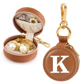 Mini Initial Travel Jewelry Case Ring Holder, Brown Faux Leather Small Jewelry Organizer Box Gifts for Women Girls Nurse Teacher, Gym Travel Accessories Keychain Pouch for Earrings Rings Necklace K