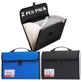 2 Pack 13 Pockets Expanding File Folder Organiser with Handle, TRANBO Accordion File Organiser, Plastic Document Wallet for Paperwork A4, Portable Filing Box for Travel School Office Home