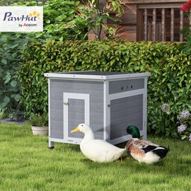 PawHut Duck Coop, Wooden Chicken House Rabbit Hutch with Openable Roof, Removable Floor, Double Doors, Ramp, Duck House for 2-4 Chickens, Geese, 25" x 32" x 30"