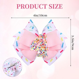 2Pcs Birthday Hair Bow for Baby Girls 1 2 3 4 5 6 Years, Pink Confetti Ice Cream Party Decorations, Sparkling Bows Hair Accessories for 4th Birthday