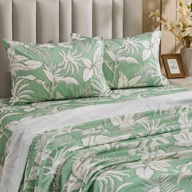 Gogreen 100% Cotton Sheet Set King Size, Green Floral, 4PC Set, Breathable Bed Sheet for Hot Sleeper and Night Sweats, Deep Pocket Up to 16 Inches