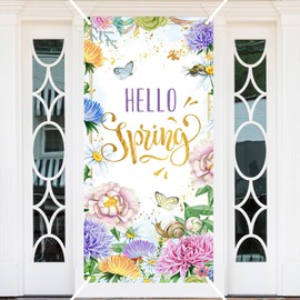 Ticuenicoa Hello Spring Door Cover Banner, Watercolor Floral and Butterfly for Spring Decorations,Seasonal Decor Banner Hanging Backdrop Sign & Photo Booth Prop for Indoor Outdoor, 72x35 Inches