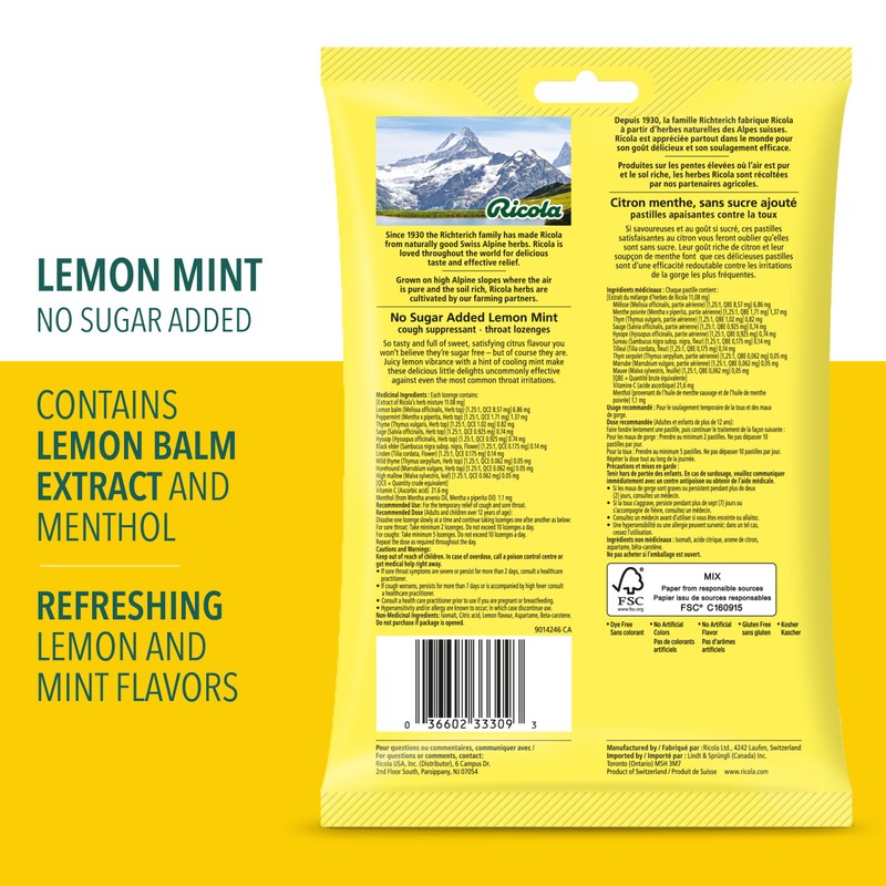 Ricola Lemon Mint No Sugar Added Throat Drops
