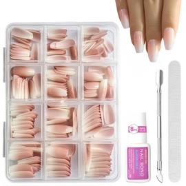 Press On Nails French Tip Kit - Natural Gradient Pink False Nails Kit - Short Medium Square Glossy White Nail Tips Nude Pink Fake Nails - Coffin Full Cover Acrylic Stick On nails For Women Nail Art