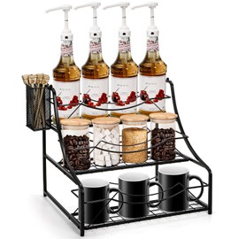 Noamus Coffee Syrup Rack with Basket, 3-Tier 12 Bottles Spice Organizer, Freestanding Metal Wine Bottles Holder, Liquor Cabinet Storage Shelf Stand for Dressing Juice, Kitchen Bar Station Countertop