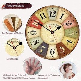 VIKMARI 12 Inch Vintage Rustic Wall Clock, Wooden Shabby Chic Style Clock, Unusual Silent Decorative Wall Clocks for Living Room Kitchen Bedroom Bathroom Office