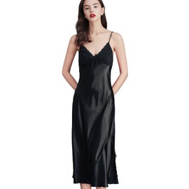 IIG Womens Long Satin Full Slip Dress Adjustable Spaghetti Strap Chemise Nightgown (Black, Small)