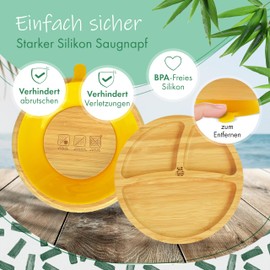 Babylovit Children's Plate with Suction Cup, Bamboo Baby Plate with Suction Cup, Tested Children's Plate with Baby Cutlery, Baby Accessories, Ideal for Baby LED Weaning, Bamboo Plate