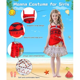 TOLOYE Vaiana Costume Girls, Moana Princess Dress with Flower Crown, Necklace Flower Clip, Adventure Outfit, Fancy Dress Costumes Children, Moana Moana Costume for Carnival, Cosplay, Birthday Party