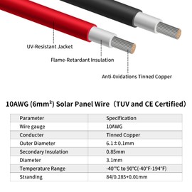 Behaunty 10AWG (6mm²) Solar Panel Extension Cable 3FT - Black & Red, Heavy Duty, Weather Resistant, Standard Solar Connectors Solar Extension Cable for Solar Power Systems, RVs, Boats