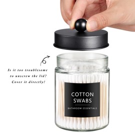 SheeChung Qtip Dispenser Holder 4pcs, Glass Apothecary Jars with Stainless Steel Lids &Stickers, Countertop Canister Guest Bathroom Storage Organizer Set for Cotton Swabs/Balls, Floss Picks(Black)