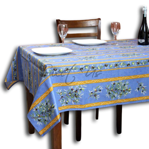 La Cigale Wipeable Tablecloth Spill Resistant Acrylic Coated Floral Cotton French Provencal for Square Tables 60 x inches, Blue Olive Stripes, 60 x 60 in