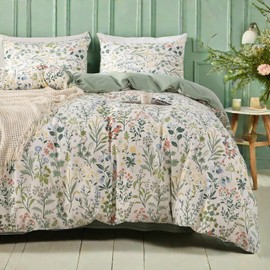 mixinni Sage Green Duvet Cover Set Queen-Exquisite Floral Queen Size Comforter Set for All Seasons, 3 Pieces, 1 Wildflower Plants Duvet Cover (90"x90") and 2 Pillow Cases (20"x26"), Sage Green